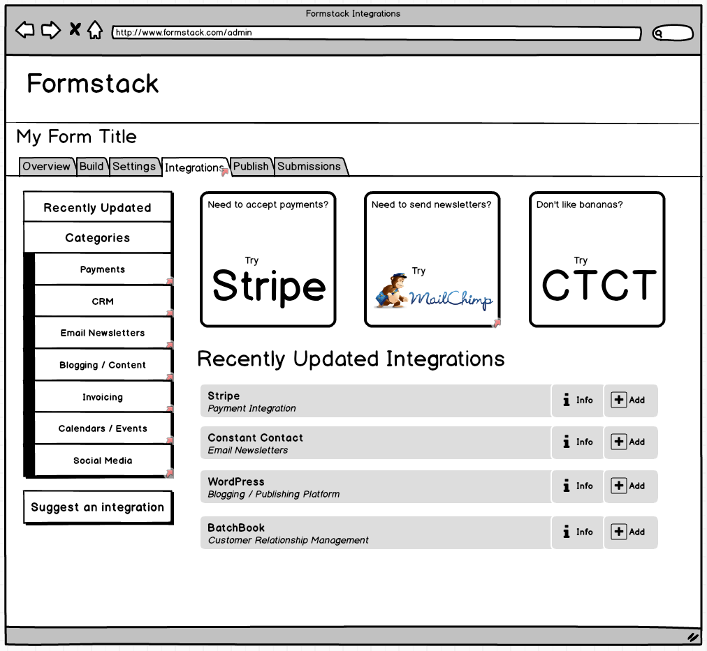 Formstack Integrations Interface Wireframe